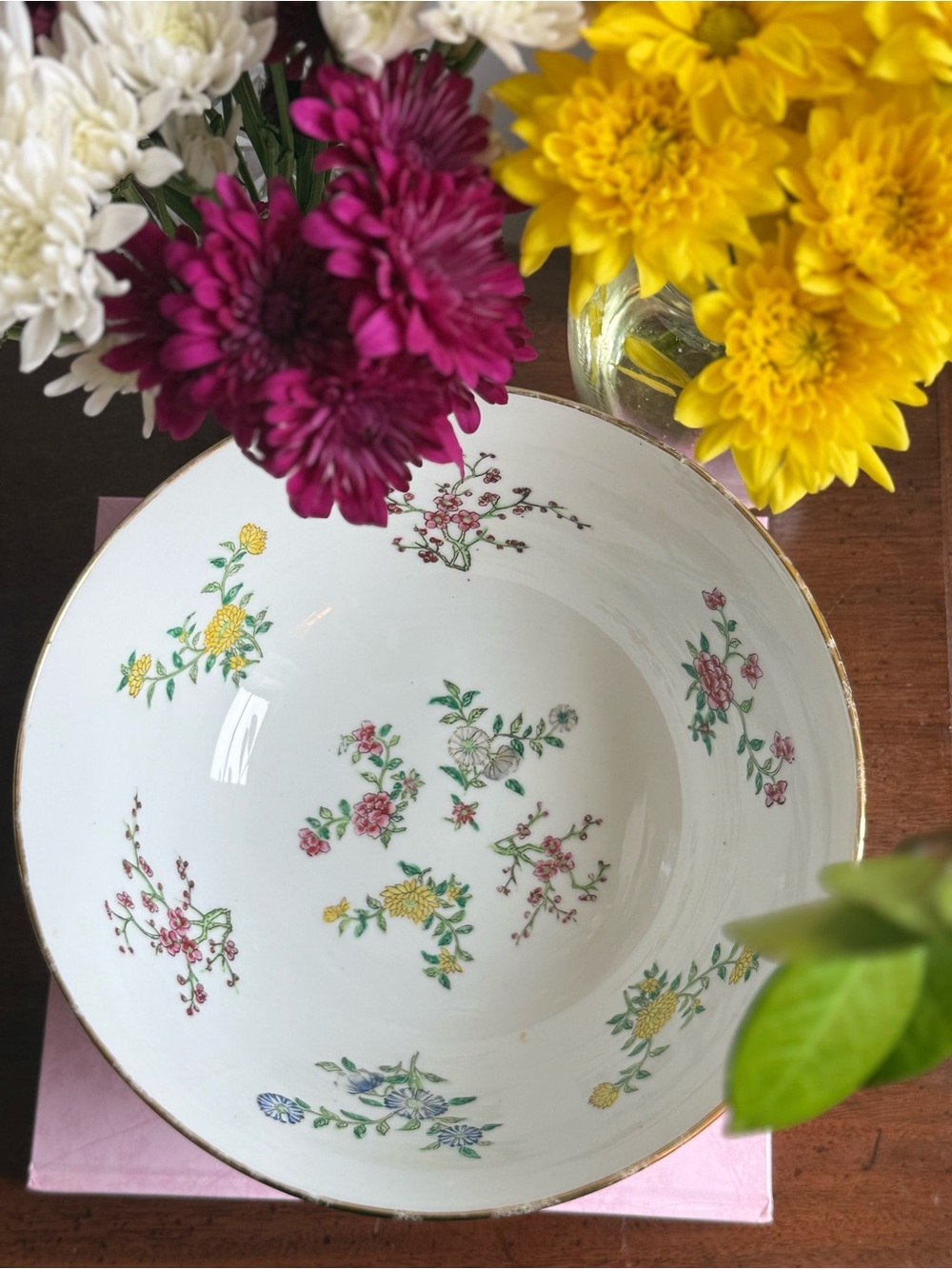 Floral Porcelain Serving Bowl in White with Multicolor Flower Motif